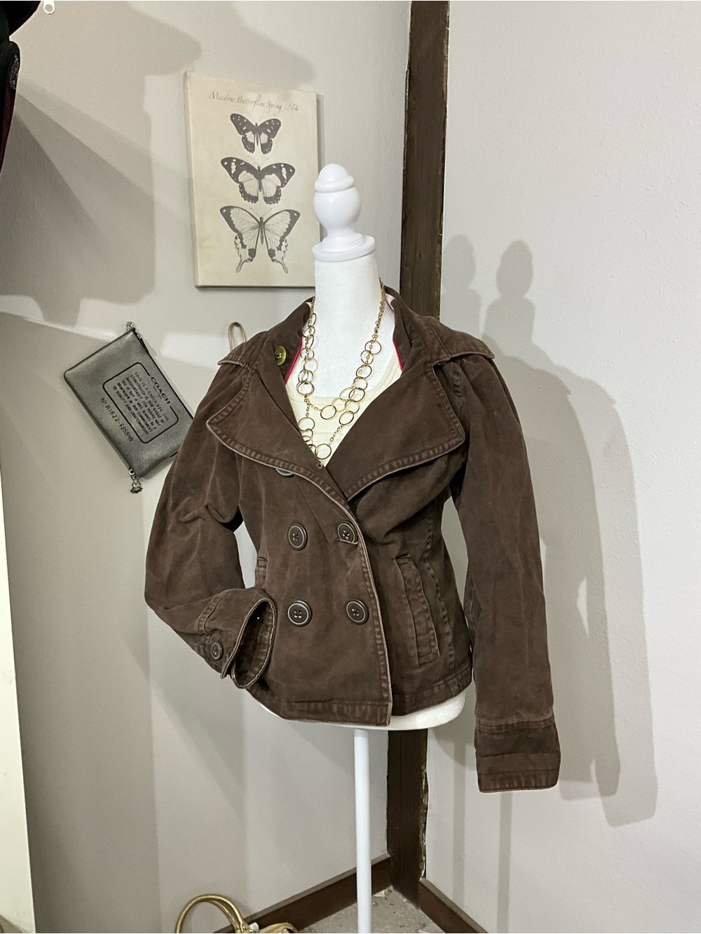 American Eagle Outfitters Classic Double-Breasted Brown Suede Jacket